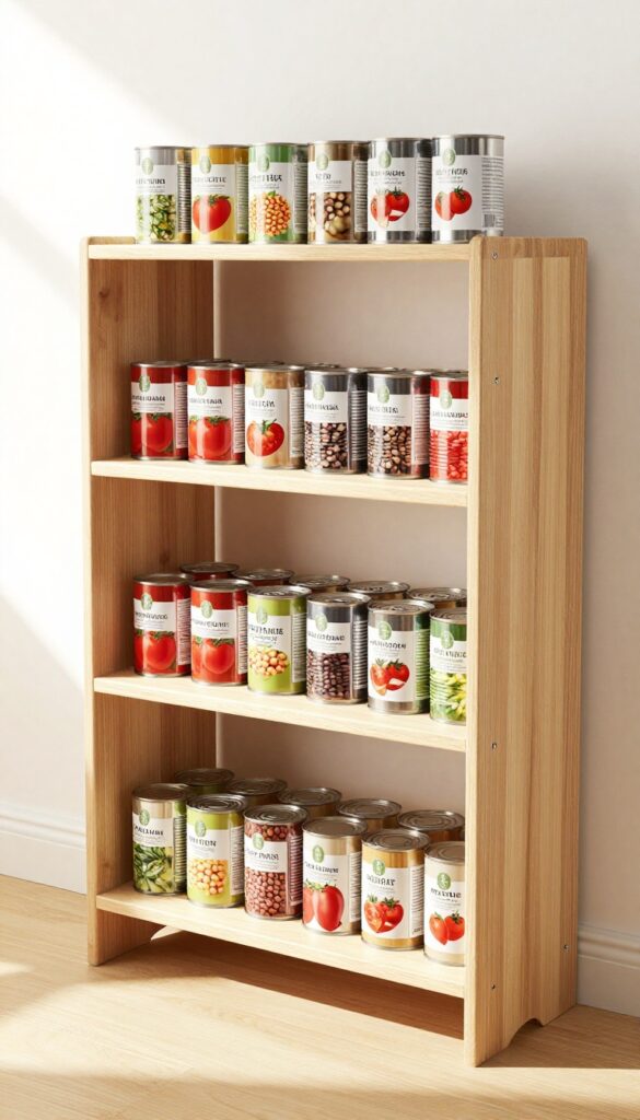 DIY tiered riser holding stacked cans in a bright pantry