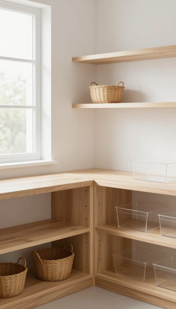 Empty pantry shelves in natural light, ready for organization