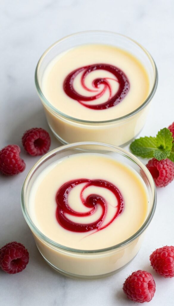 Vanilla custard cups with berry swirl on marble surface