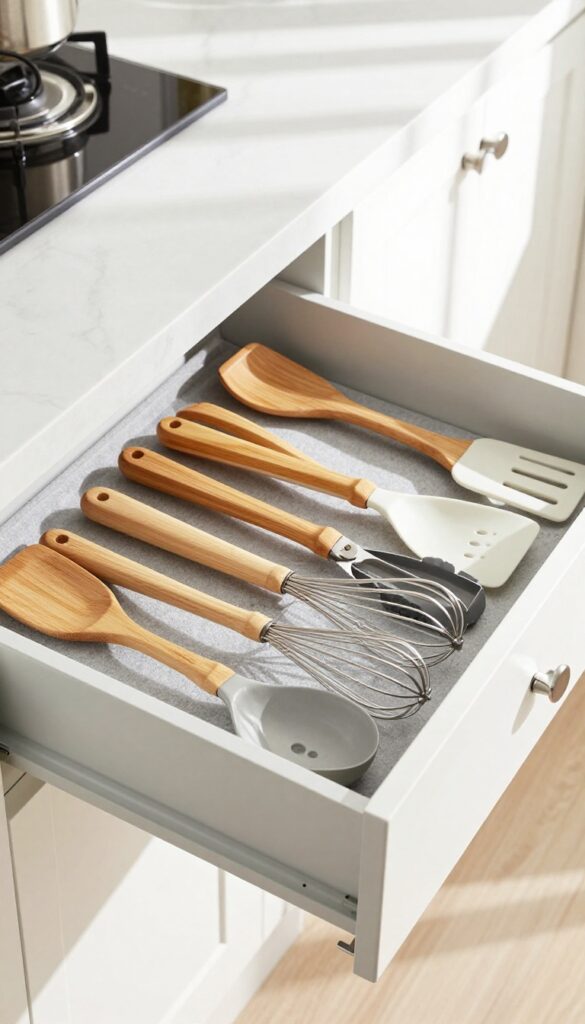 Organized kitchen drawer with bamboo dividers holding utensils and gadgets neatly arranged.