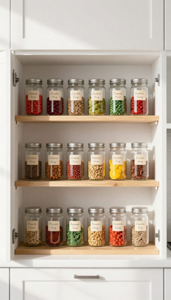 Tiered shelf with uniform spice jars in clear glass, neatly organized in a kitchen cabinet.