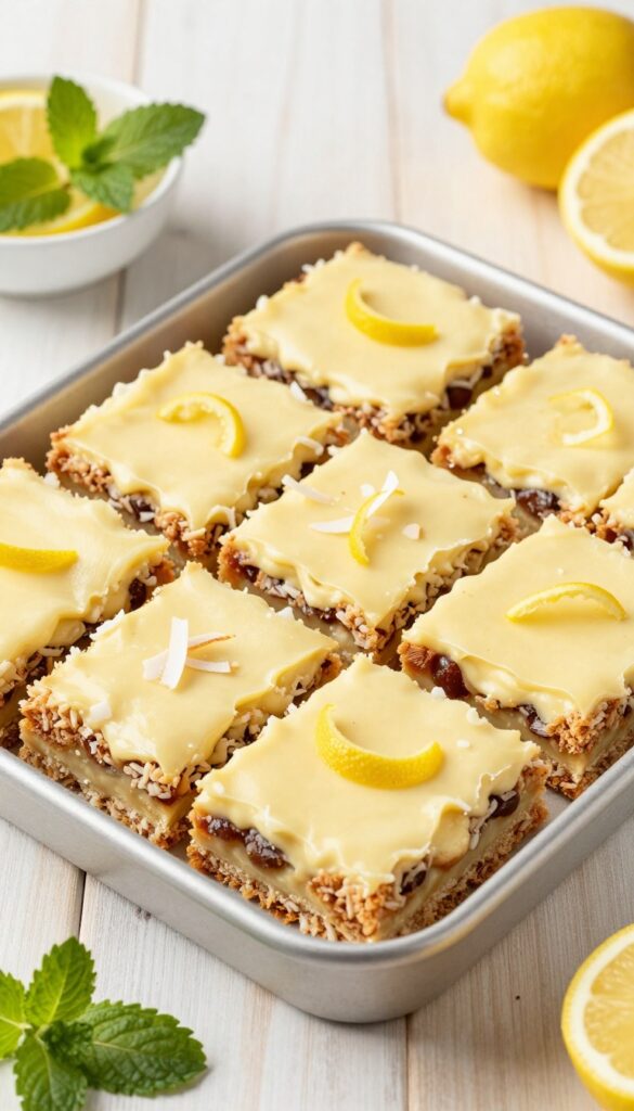 No-bake lemon coconut bars in a square dish, sliced and garnished with coconut and lemon zest.