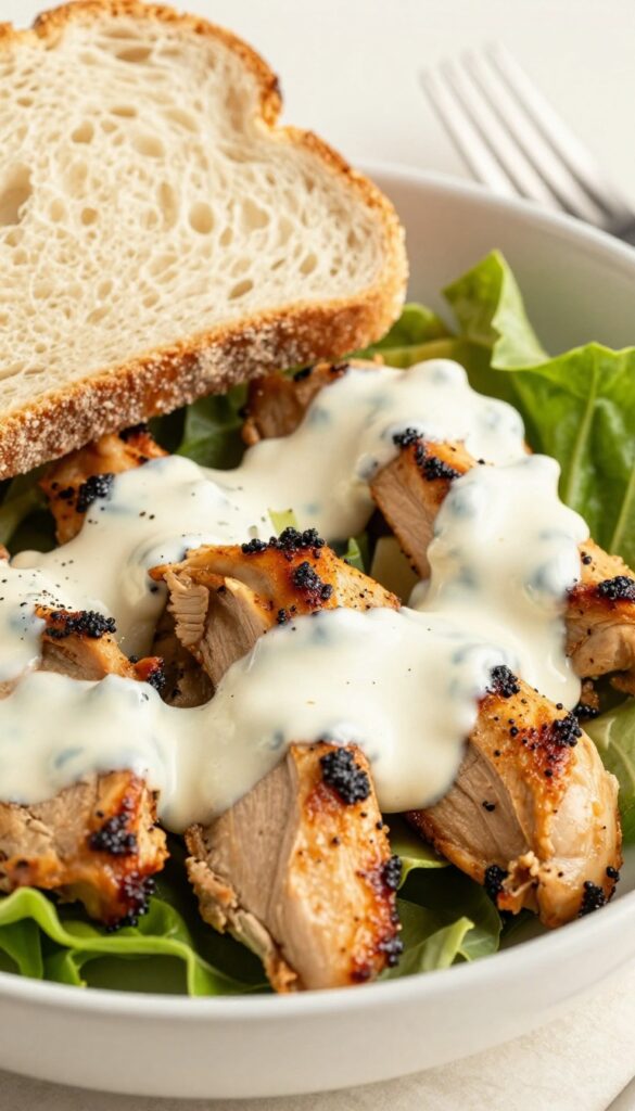 Close-up of smoked chicken salad with bread and fork.