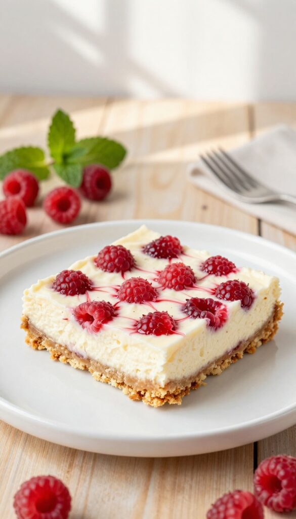 Keto raspberry cheesecake bar slice on a plate with fresh raspberries and mint