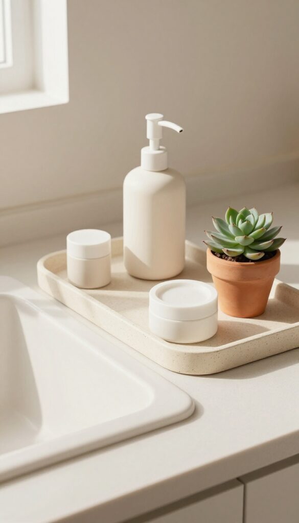 A countertop tray holding a soap dispenser, lotion, and a small succulent next to a kitchen sink, with natural light and clean composition.