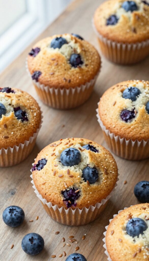 Flaxseed blueberry muffins on a wooden table with natural light