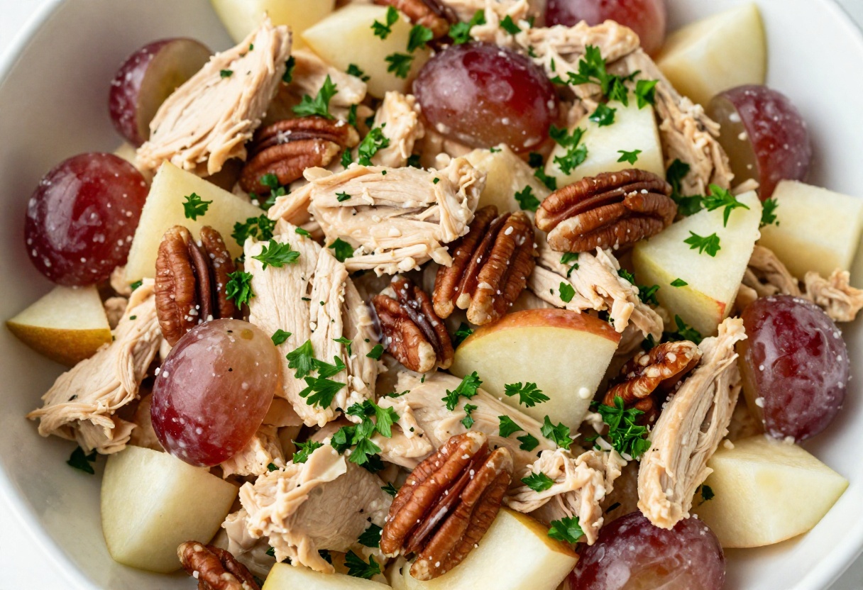 Creamy chicken salad with grapes, apples, and pecans in a white bowl