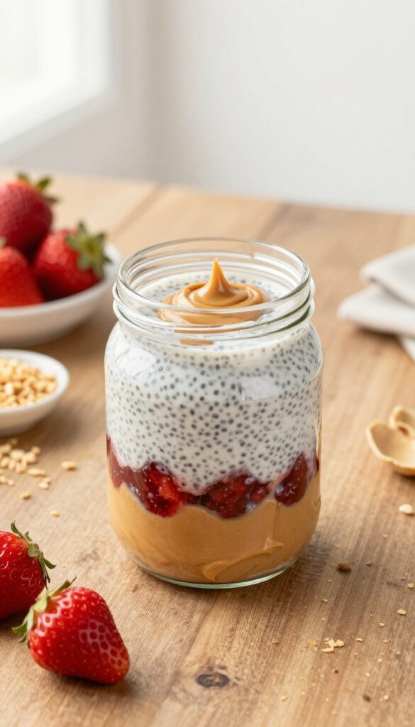 Keto peanut butter and jelly chia pudding in a glass jar with swirls of peanut butter and strawberry jam, fresh strawberries and crushed peanuts on the side.
