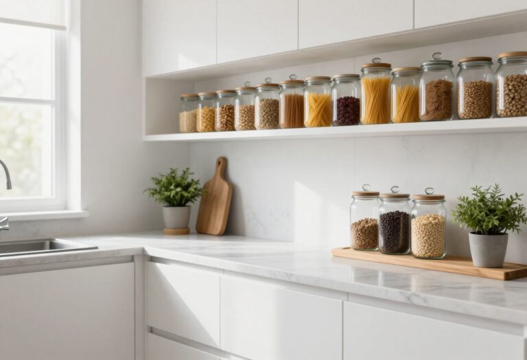 Modern kitchen with open shelving and organized glass jars on a marble countertop