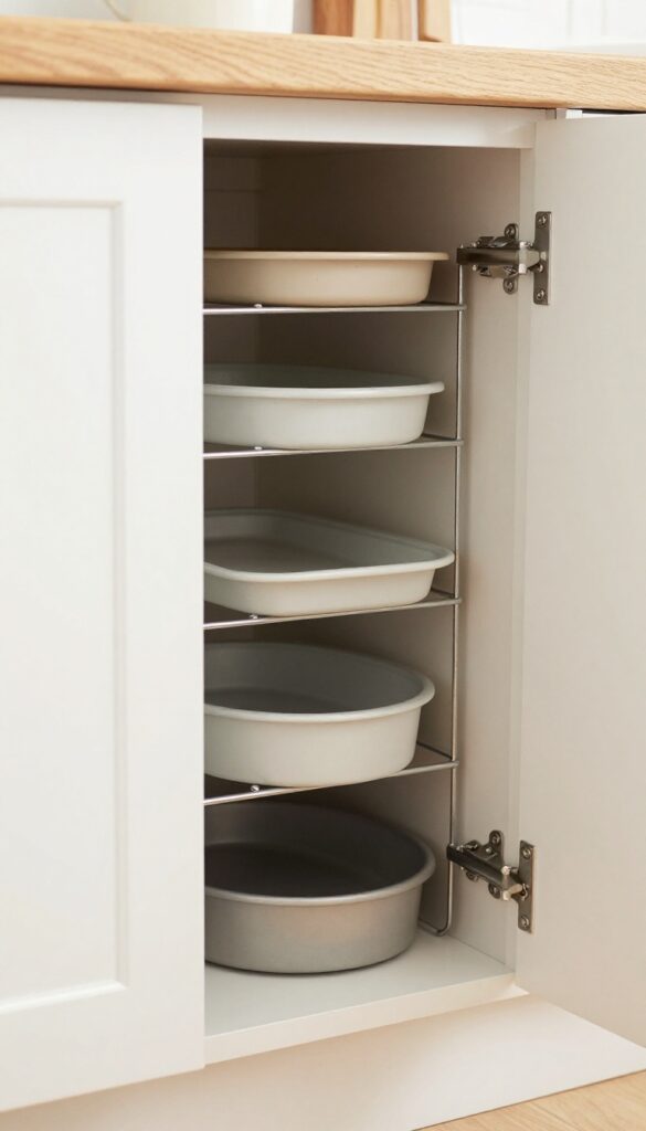 Kitchen cabinet with baking sheets organized vertically using a tension rod