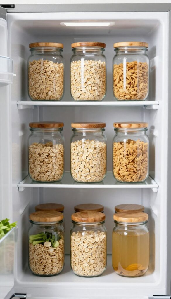 Clear glass jars with wooden lids neatly arranged in a refrigerator, filled with oats, broth, and soup, creating a cozy and organized food storage look.