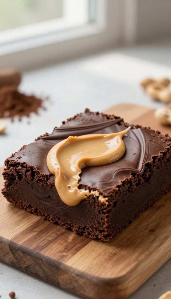 Fudgy chocolate brownie with peanut butter swirl on wooden board