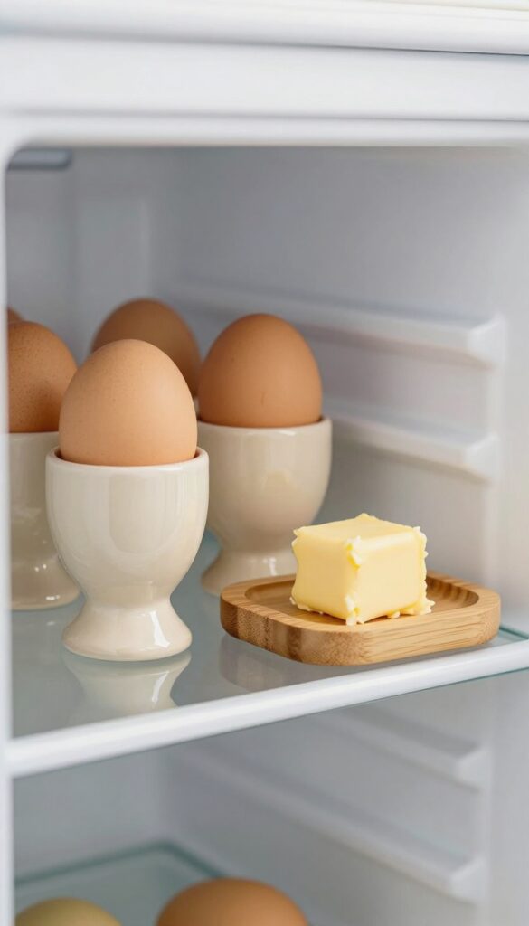 Open fridge showing ceramic egg keeper and wooden butter keeper on bamboo tray
