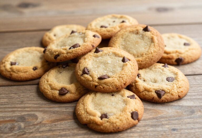 Plate of keto chocolate chip cookies on a wooden table