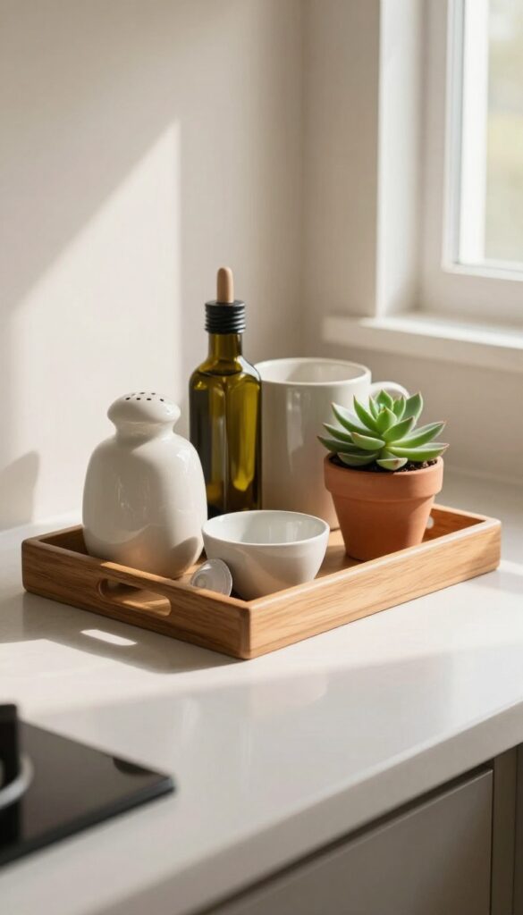A small wooden tray on a kitchen counter holding daily essentials like salt, oil, coffee pod, and a mug, with a tiny succulent, in bright natural light.