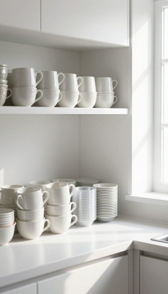 Stack of ceramic mugs with cup stackers in a bright kitchen