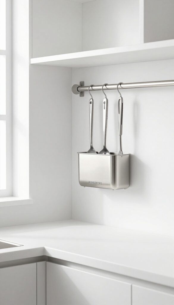 KUNGSFORS utensil holder mounted on a wall rail in a bright pantry, holding tongs and spatulas, with clear counter space below.