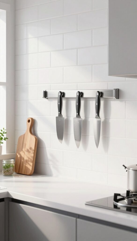 Magnetic knife strip on kitchen backsplash holding knives, freeing up counter and drawer space.
