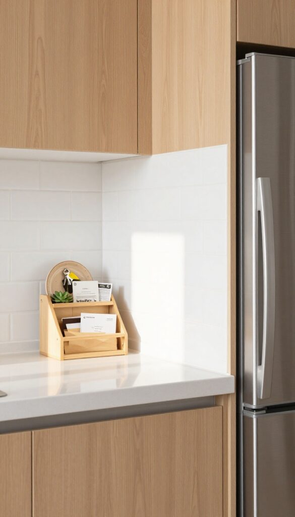 A wall-mounted wooden spice rack used as a mail sorter in a bright kitchen, with letters and bills organized on tiers, a dish with keys and a succulent on top, and a clean counter.
