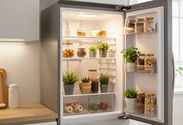 Cozy organized fridge with wooden shelves, glass jars, and herbs inside a bright kitchen