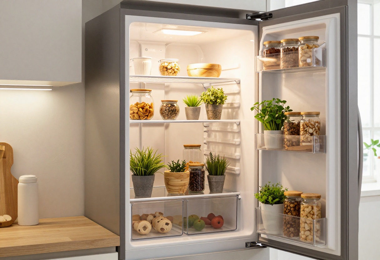 Cozy organized fridge with wooden shelves, glass jars, and herbs inside a bright kitchen