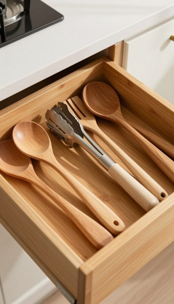 Kitchen drawer with wooden utensil dividers in warm wood tones, organized by function.