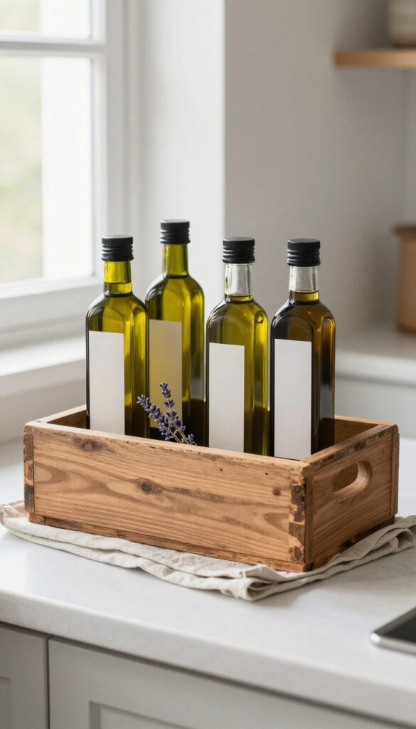Rustic wooden crate on kitchen counter holding oil and vinegar bottles with dried lavender, cozy farmhouse style