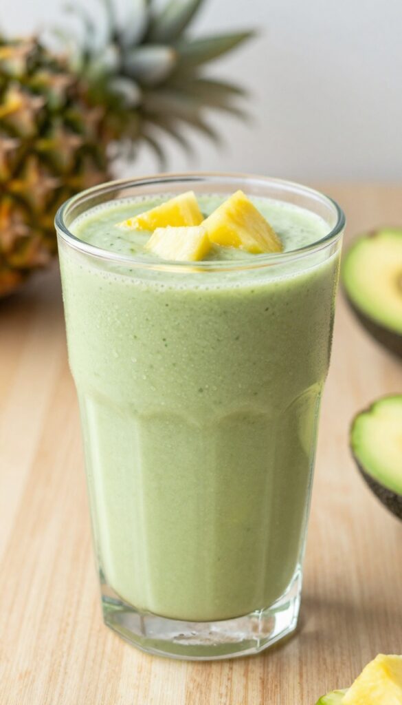 Avocado pineapple smoothie in a glass with fresh ingredients on a wooden table