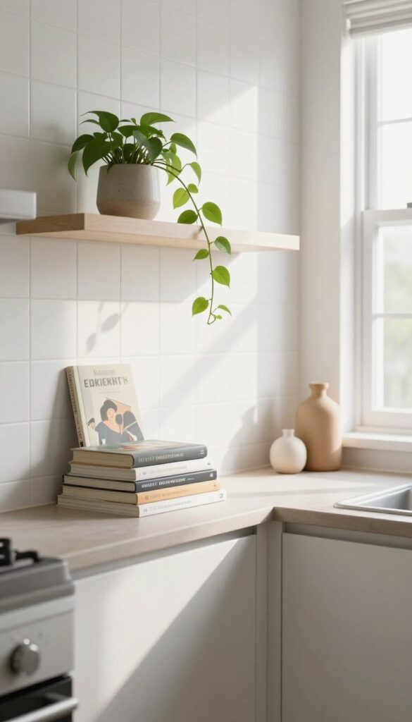 A narrow floating shelf in a bright kitchen displaying horizontally stacked cookbooks, a small plant, and a ceramic object, with natural light and a clean, cozy composition.