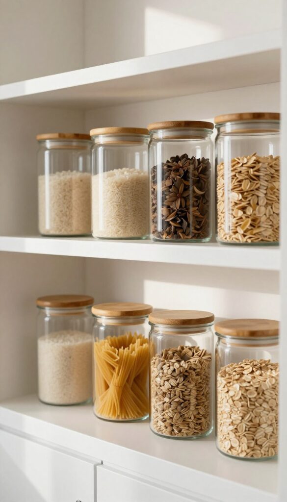 Clear glass canisters with bamboo lids neatly arranged on a pantry shelf, filled with dry goods, in bright natural light.