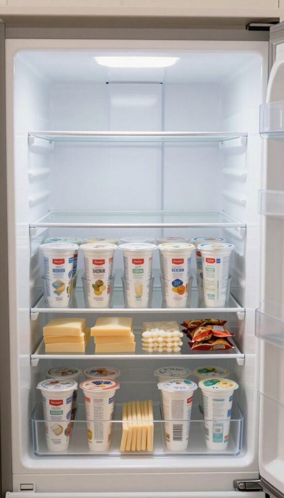 Open fridge crisper drawer with clear small drawer organizers holding yogurt tubes, cheese sticks, and snack packs in tidy rows.