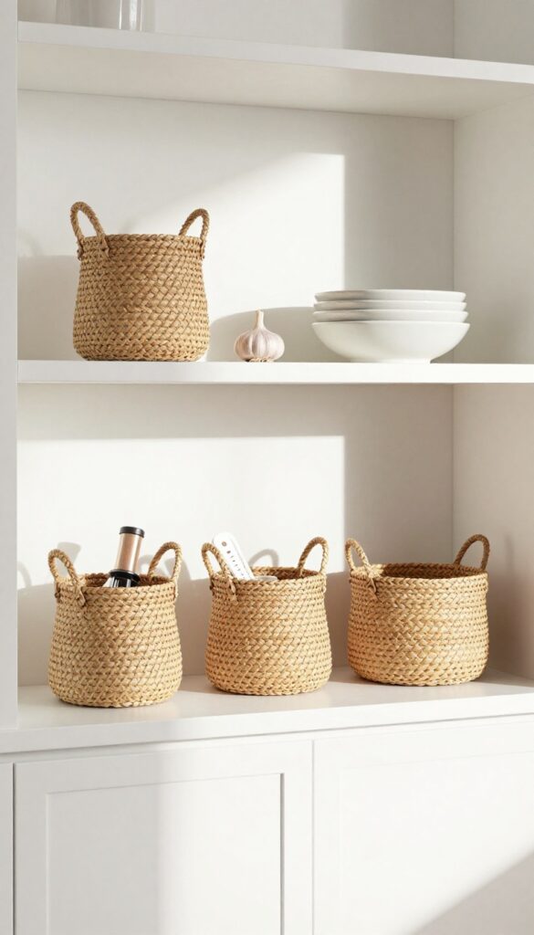 Open kitchen shelf with three woven seagrass baskets holding odd-shaped kitchen tools, natural light, modern design.