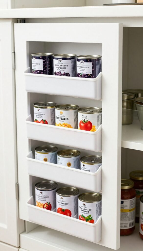 Clear shoe organizer on pantry door holding canned goods