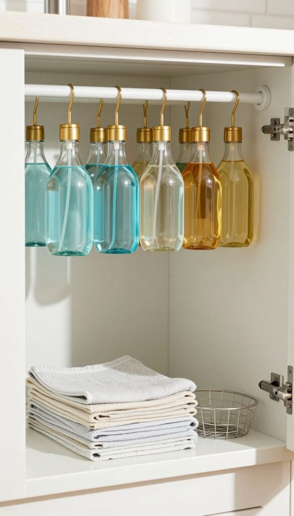 Under sink cabinet with tension rod holding hanging spray bottles