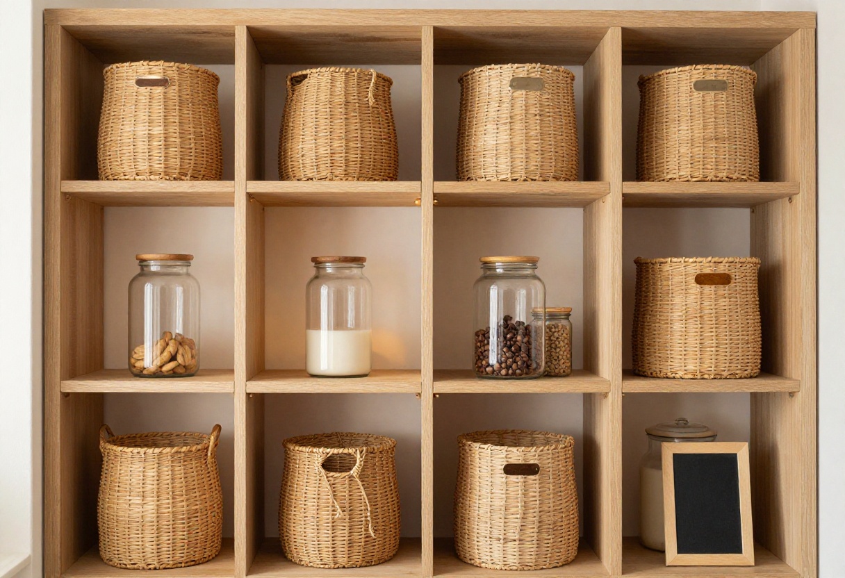 Warm and tidy pantry with woven baskets, glass jars, and soft lighting