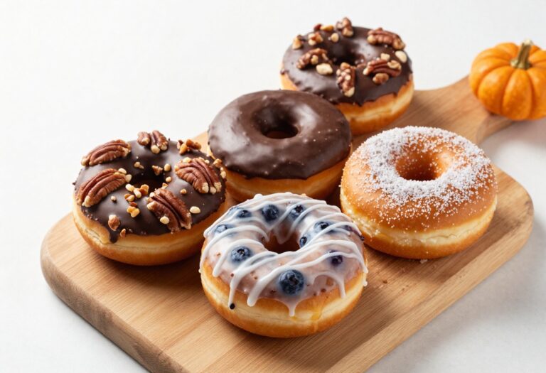 Assorted keto almond flour donuts on a wooden platter