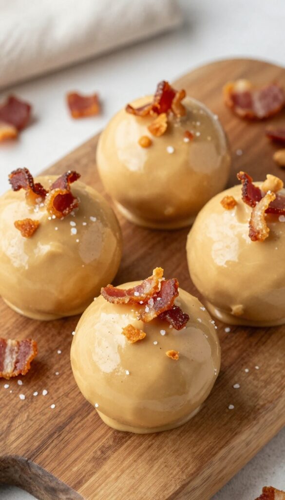 Peanut butter fat bombs topped with crispy bacon and sea salt flakes on a wooden board