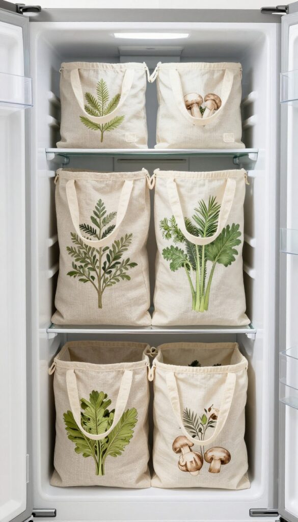 Linen and cotton storage bags in a fridge with fresh produce