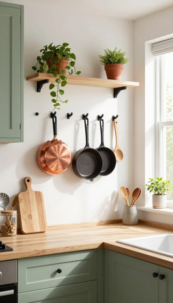Kitchen with sage green pegboard displaying pots, pans, and wooden utensils in natural light.
