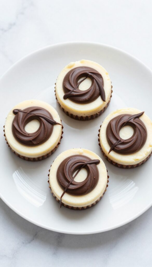 Three keto chocolate swirl cheesecake bites on a white plate