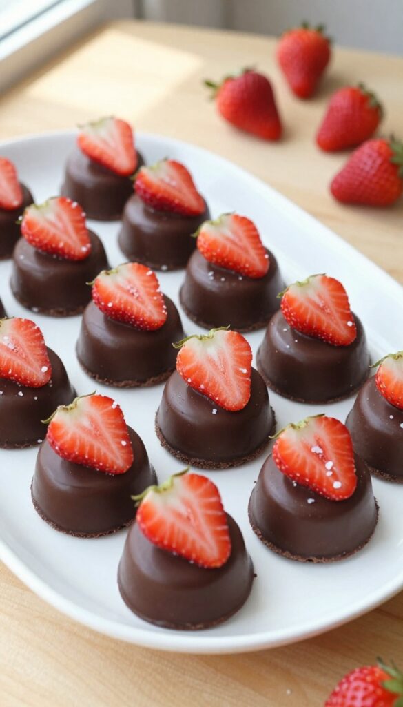 Dark chocolate-covered cheesecake bites on a white platter with fresh strawberry slices and sea salt.