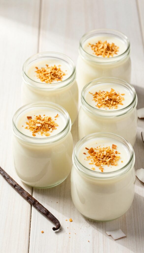 Four glass jars of vanilla bean coconut pudding topped with toasted coconut flakes on a wooden table.