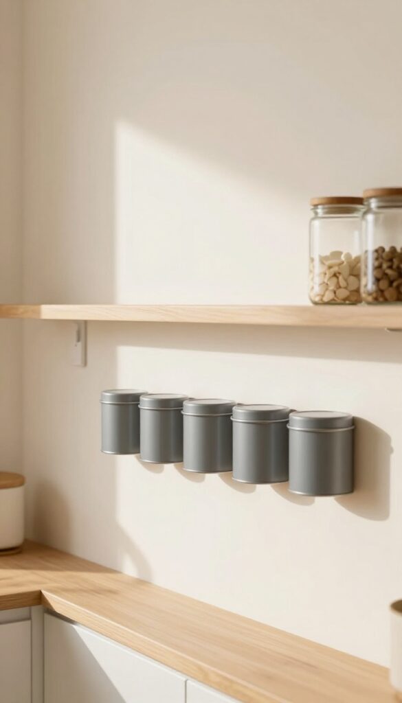 Magnetic spice tins mounted on a wall in a bright kitchen, organized and easily accessible.