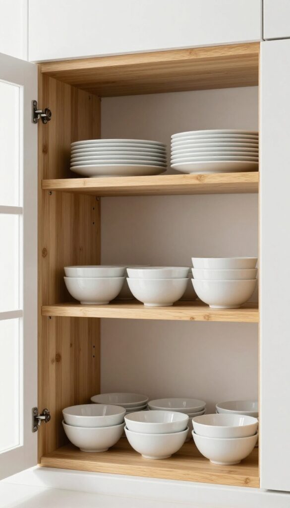 Open kitchen cabinet with bamboo shelf risers creating two tiers for plates and bowls, bright natural light.