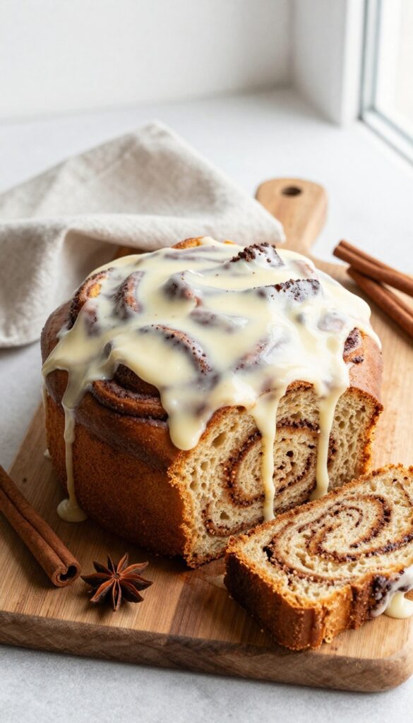 Cinnamon roll coffee cake with cream cheese glaze on a wooden board