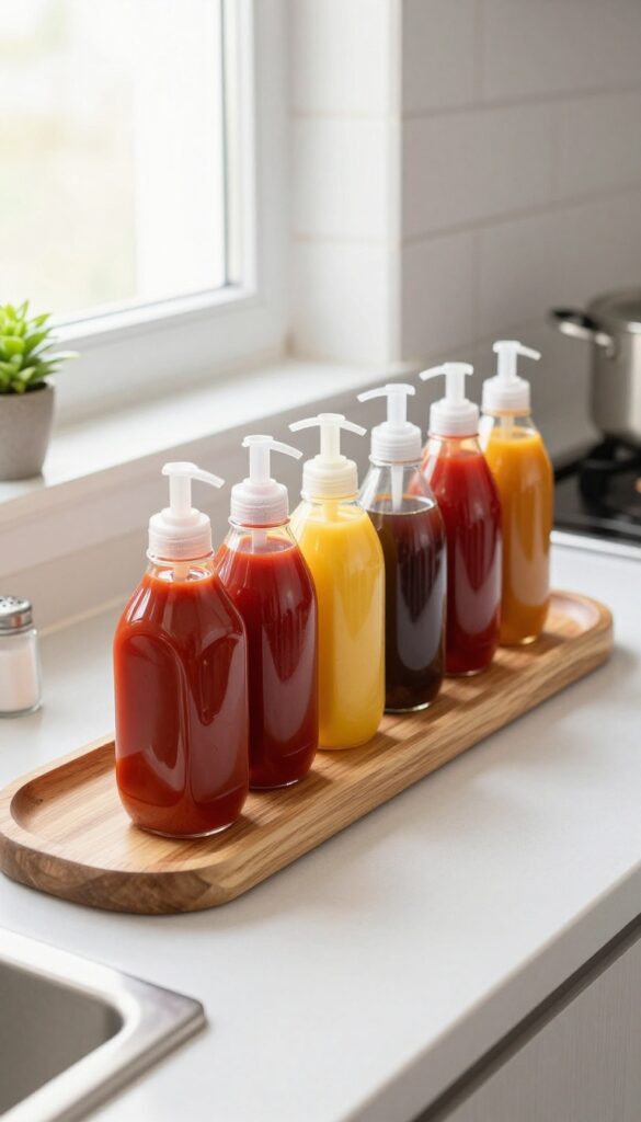 Clear acrylic pump bottles on a wooden tray on a kitchen counter, with a small plant and salt cellar nearby, in bright natural light.
