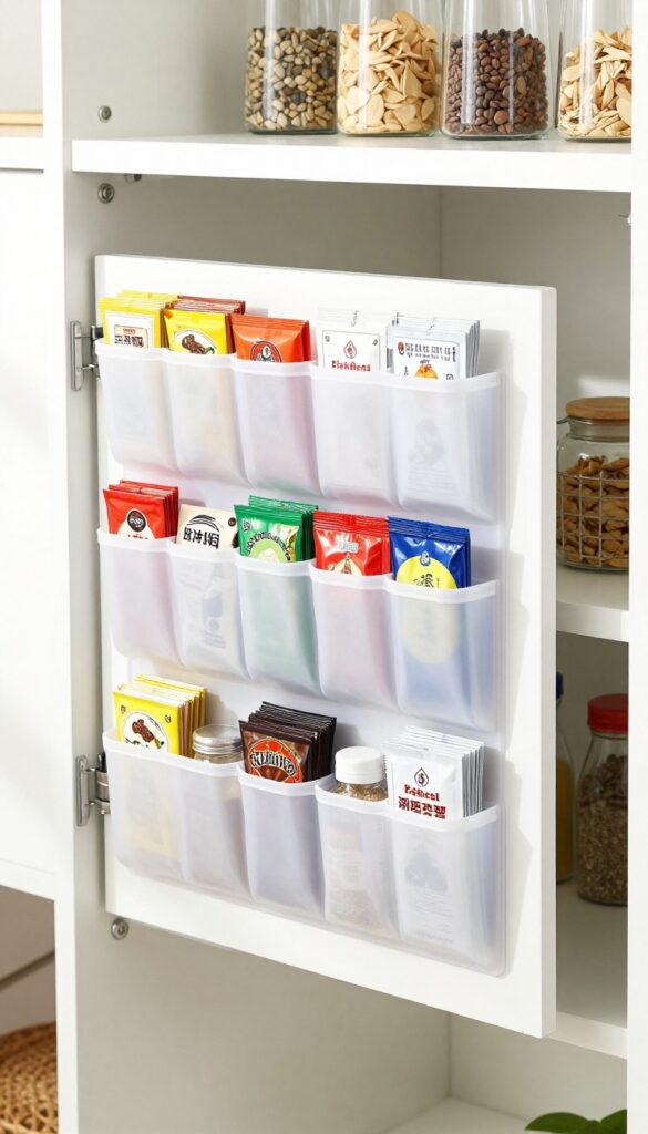 Over-the-door shoe organizer on a pantry door holding packets and small bottles