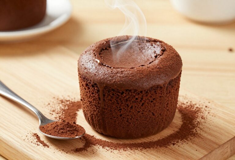 Keto chocolate mug cake with steam rising, spoon on the side, on a wooden surface.