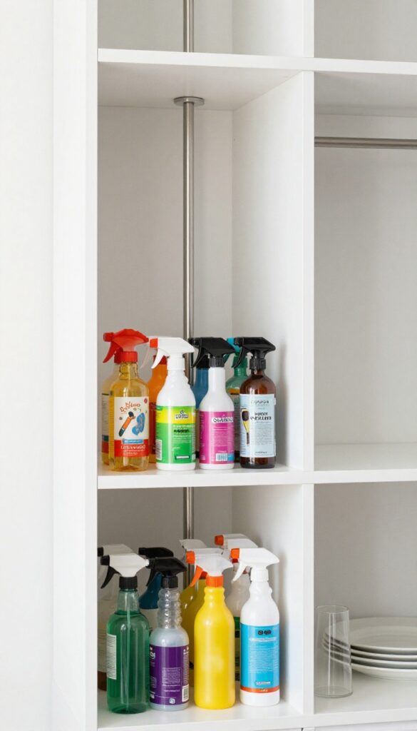 A tension rod installed vertically in a pantry holding spray bottles upright, creating an organized cleaning supply area.