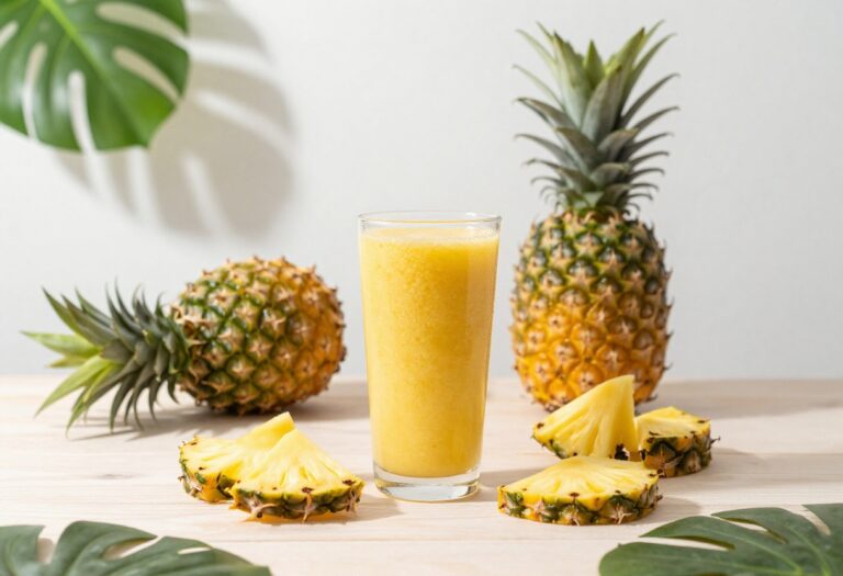 Pineapple smoothie in a glass with fresh pineapple and tropical leaves on a wooden table